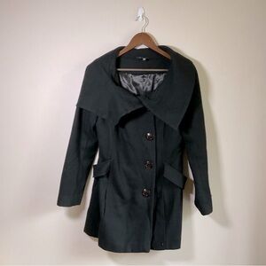 Le Chateau Woolmark Belted Pea Coat High Stand Collar Asymmetrical Black Small